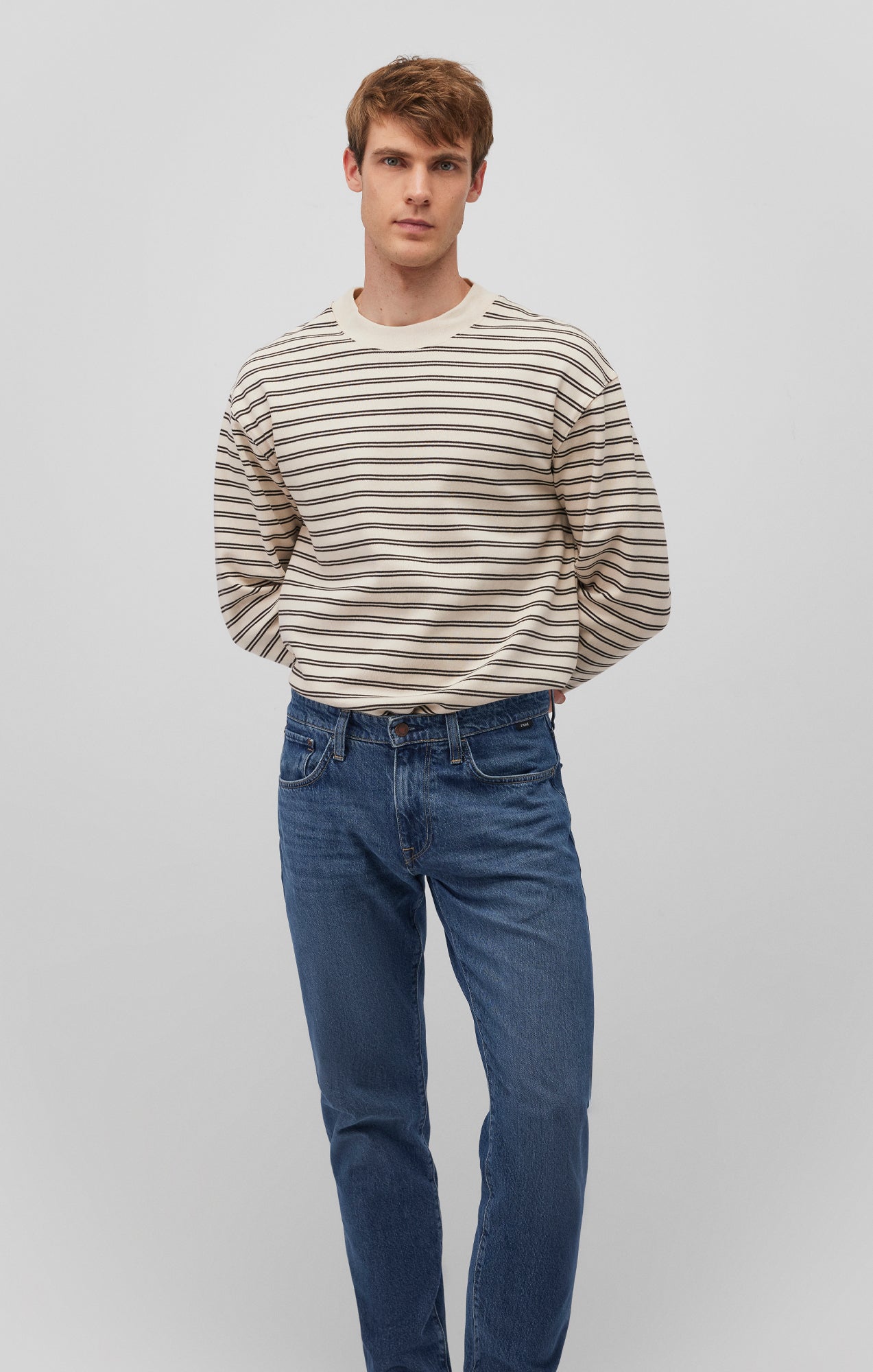 STRIPED CREW NECK SWEATSHIRT IN CHOCOLATE TORTE - Mavi Jeans