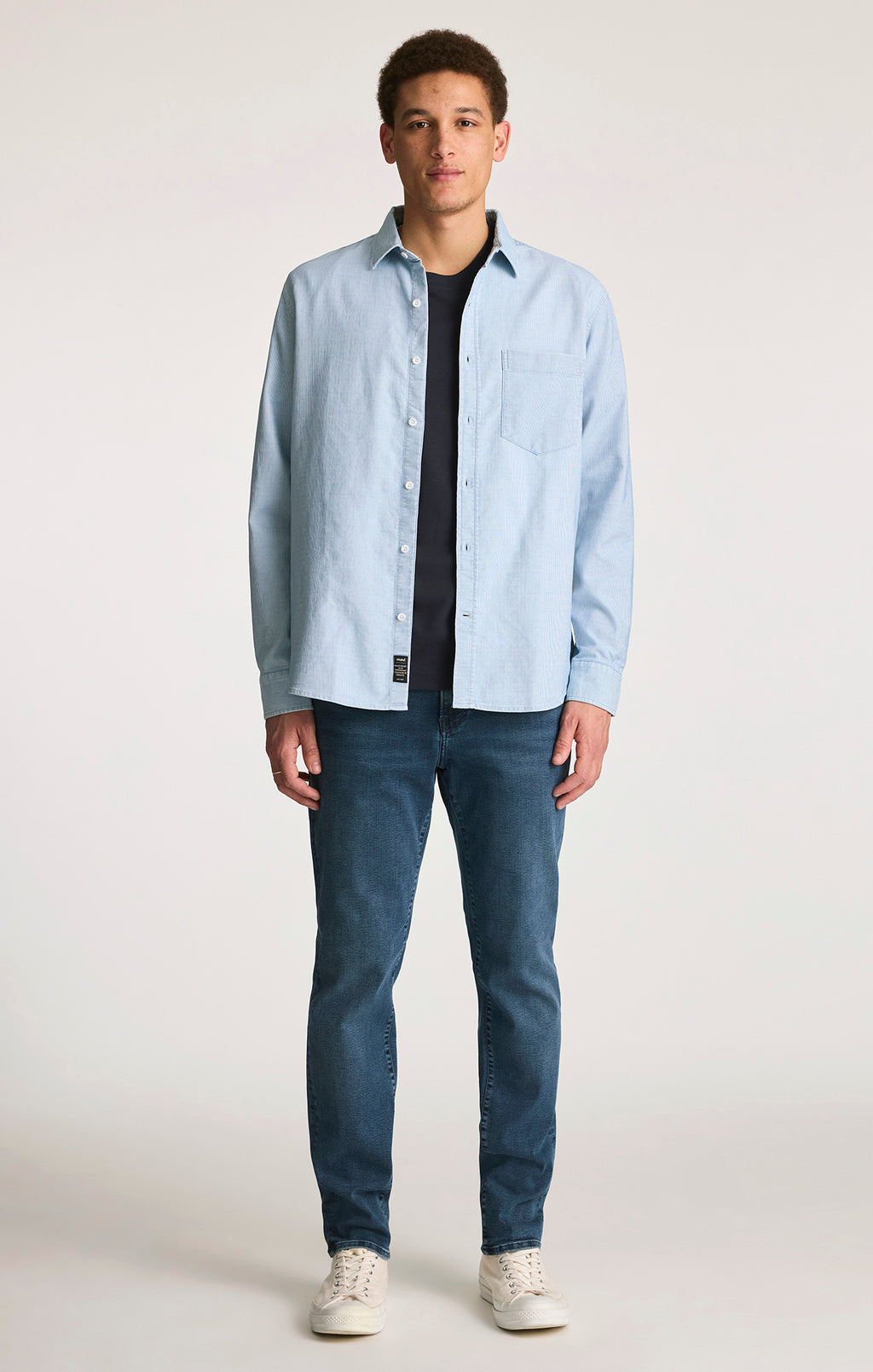 ONE POCKET BUTTON-UP SHIRT IN WHITE STRIPE INDIGO ZEMIN