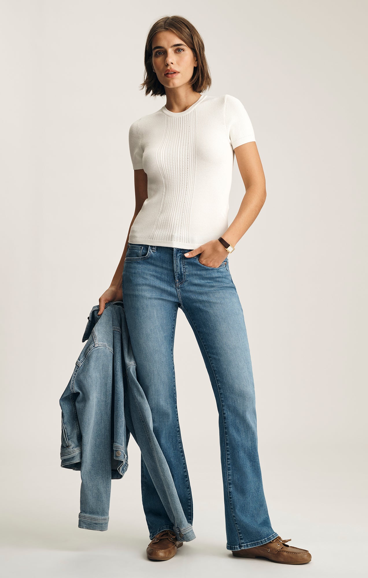 POINTELLE SHORT SLEEVE SWEATER IN ANTIQUE WHITE - Mavi Jeans
