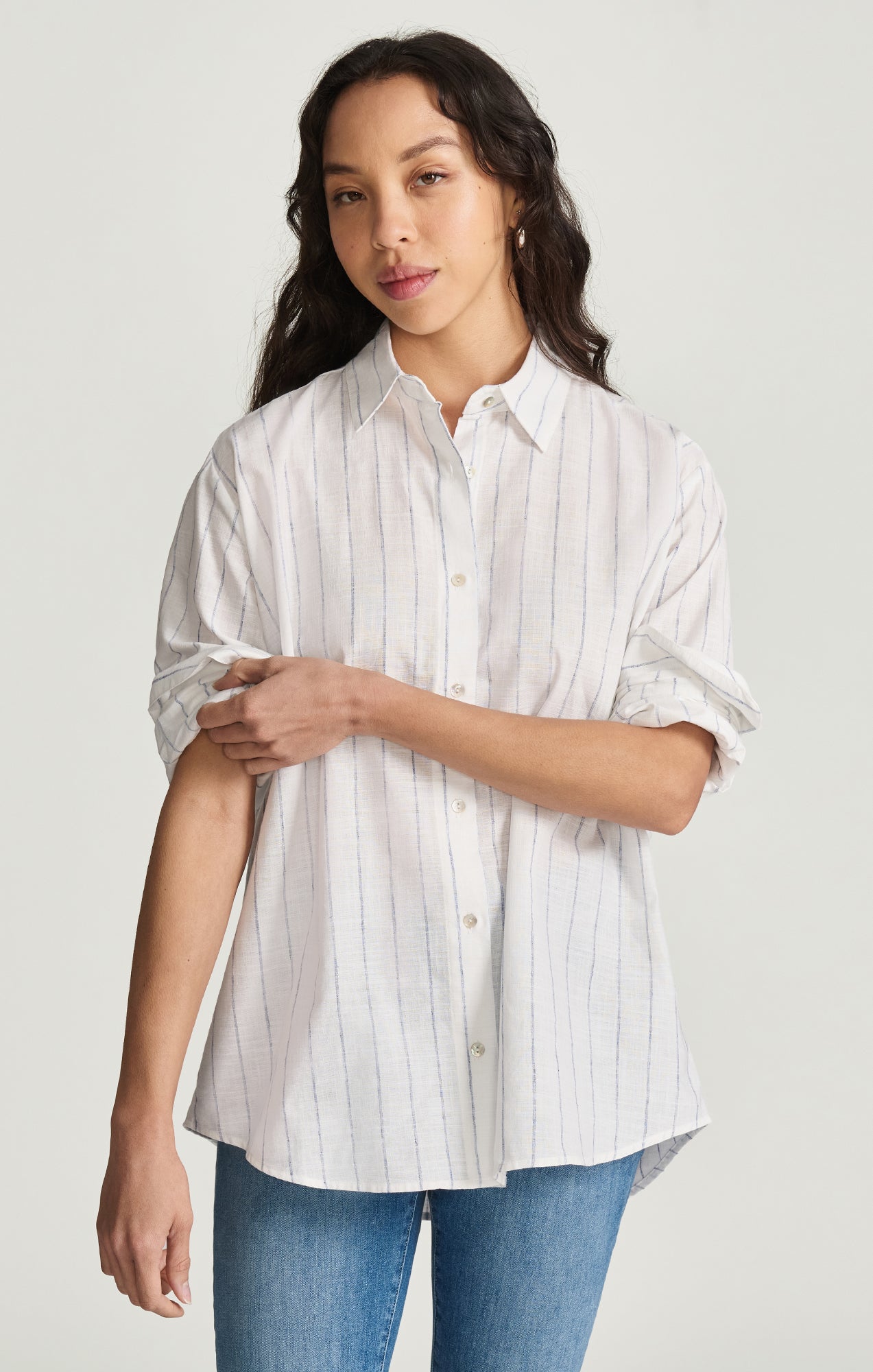 LONG SLEEVE BUTTON-UP SHIRT IN NAVY STRIPED - Mavi Jeans