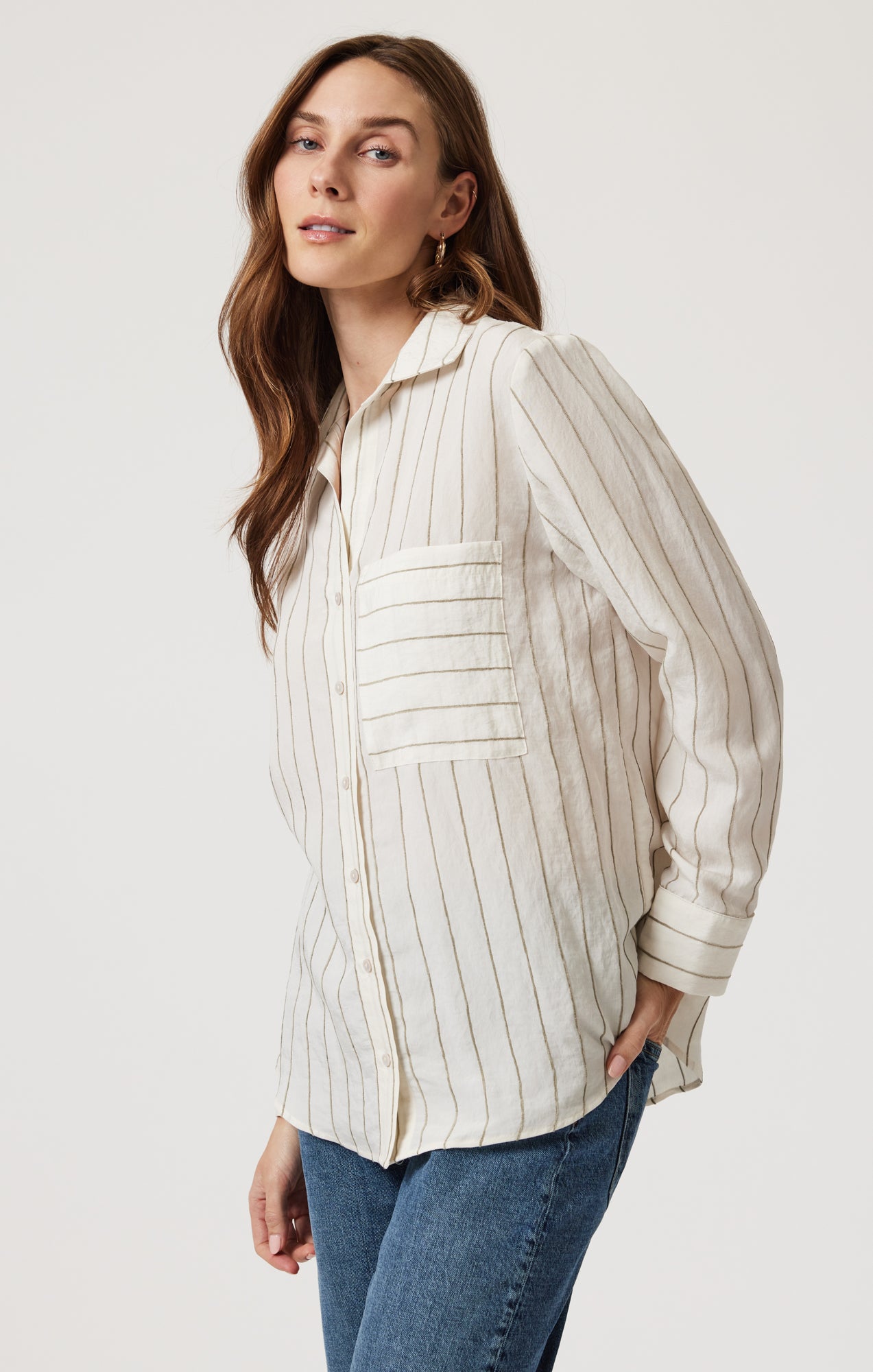 POCKET LONG SLEEVE SHIRT IN KHAKI STRIPE - Mavi Jeans