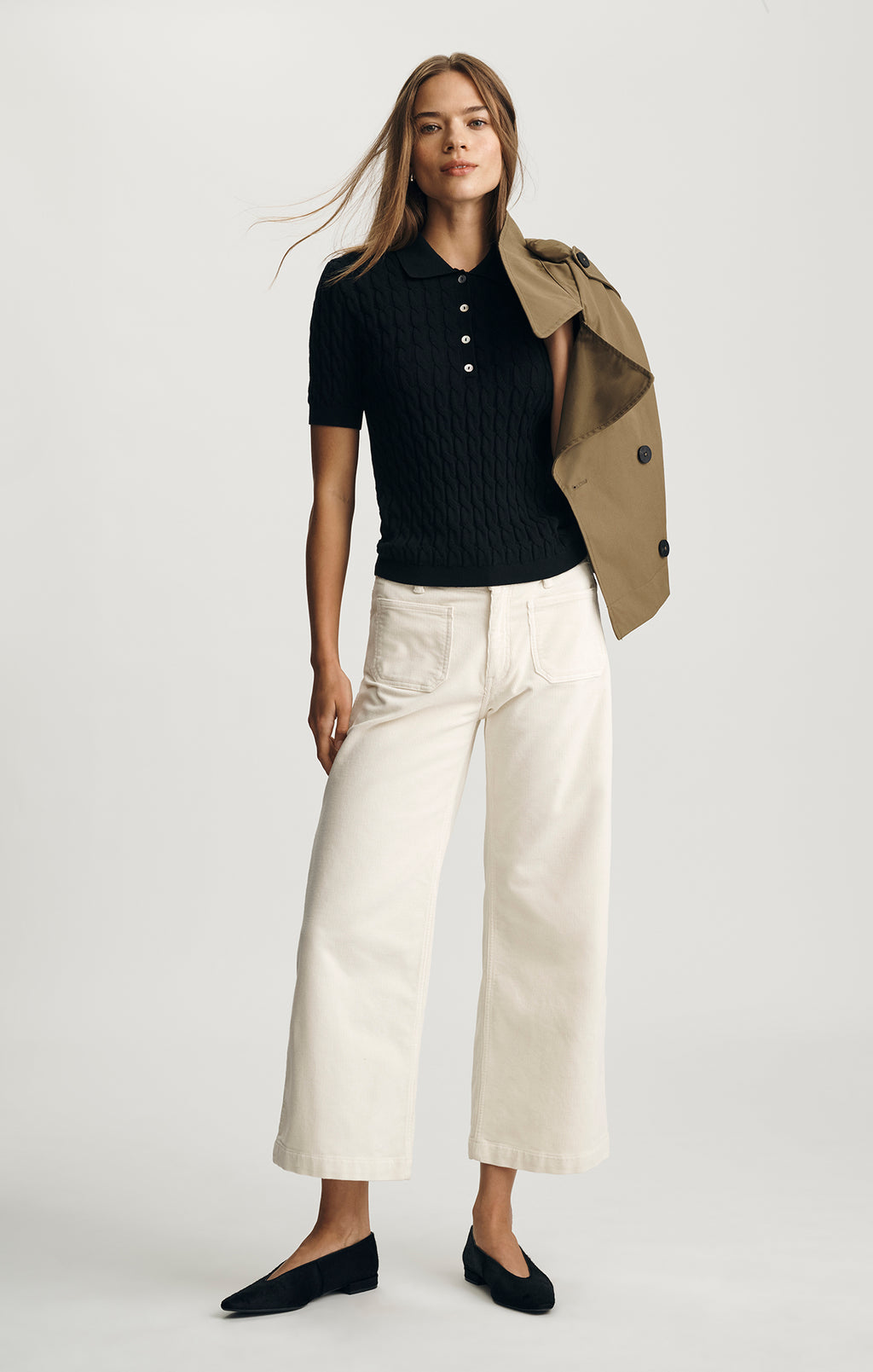 EDITION CABLE-KNIT POLO SWEATER IN BLACK