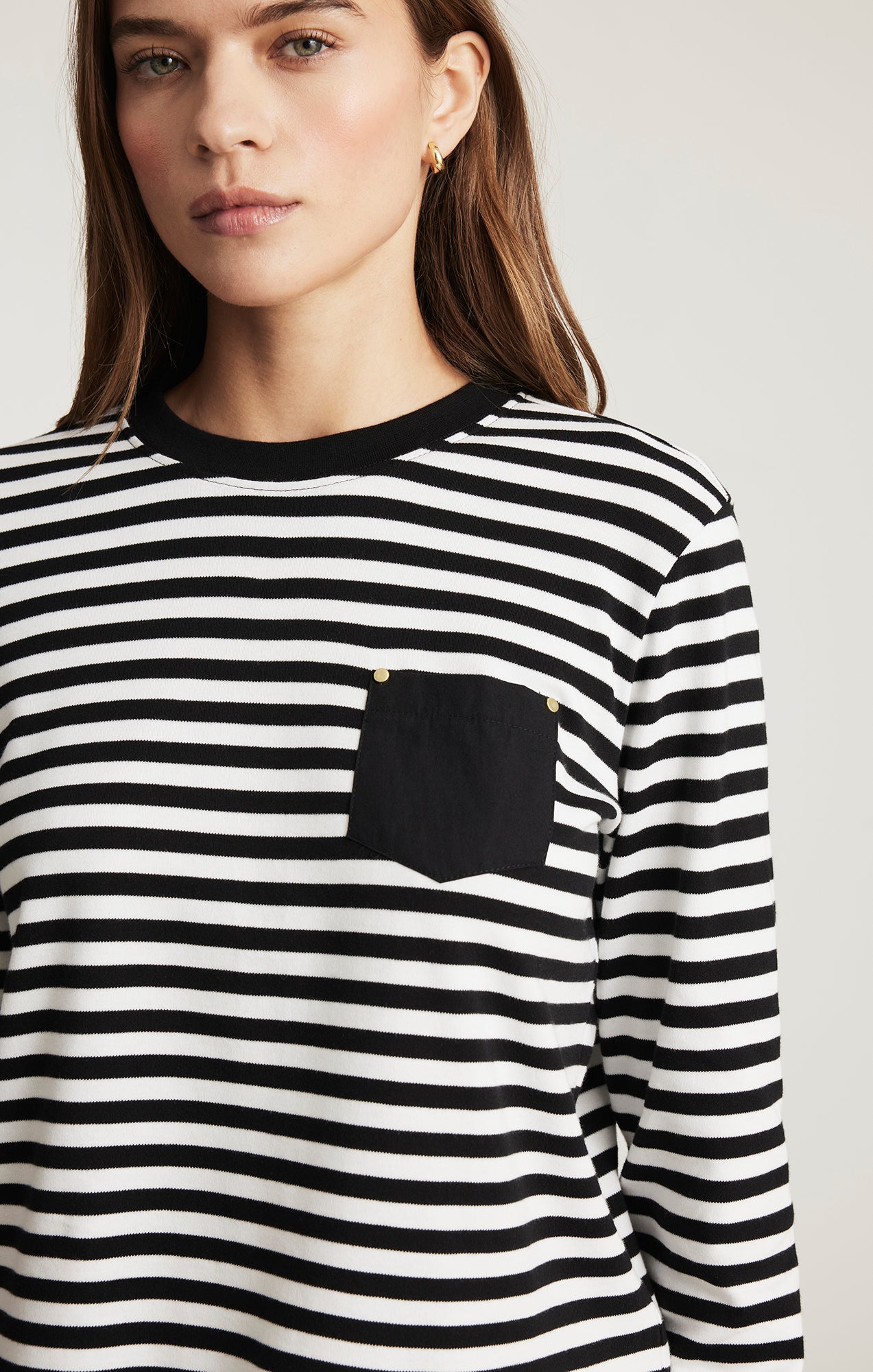 ONE POCKET LONG SLEEVE T-SHIRT IN BLACK WHITE STRIPE - Mavi Jeans