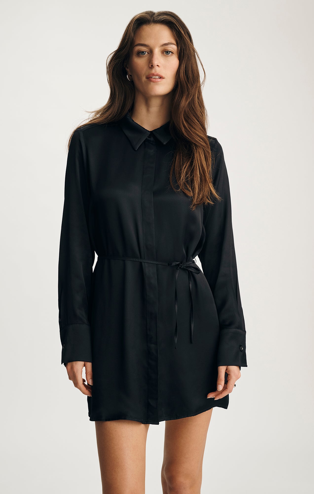 SATIN BUTTON-FRONT MINI DRESS IN BLACK