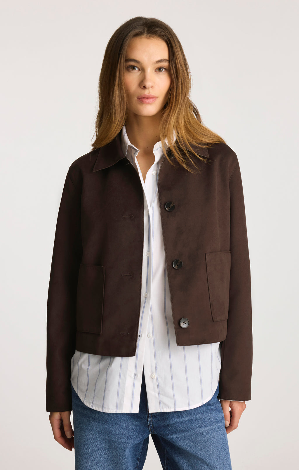 FAUX SUEDE CROPPED JACKET IN BLACK COFFEE - Mavi Jeans