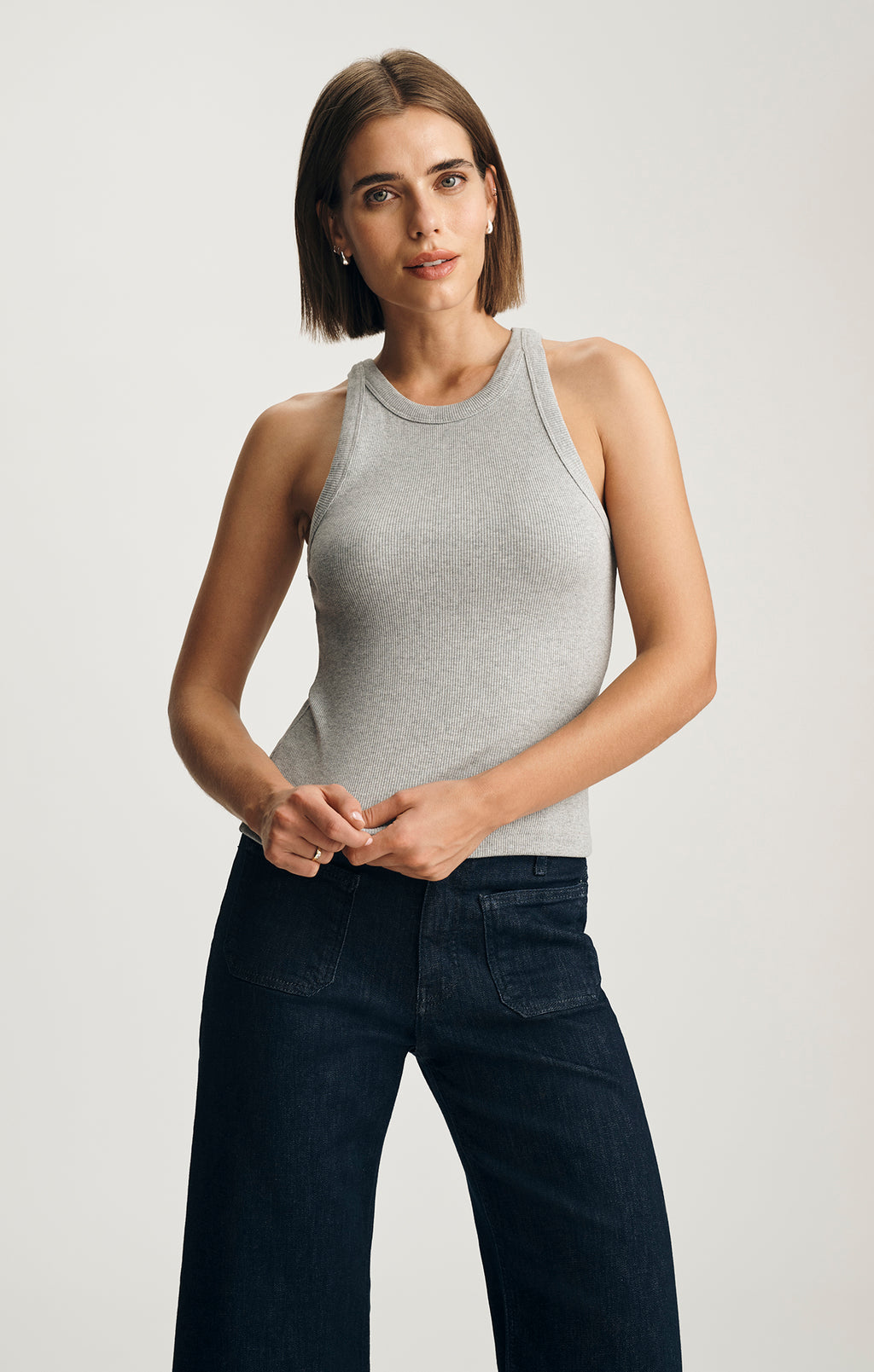 STELLA RIBBED HIGH NECK TANK TOP IN LIGHT GREY MELANGE