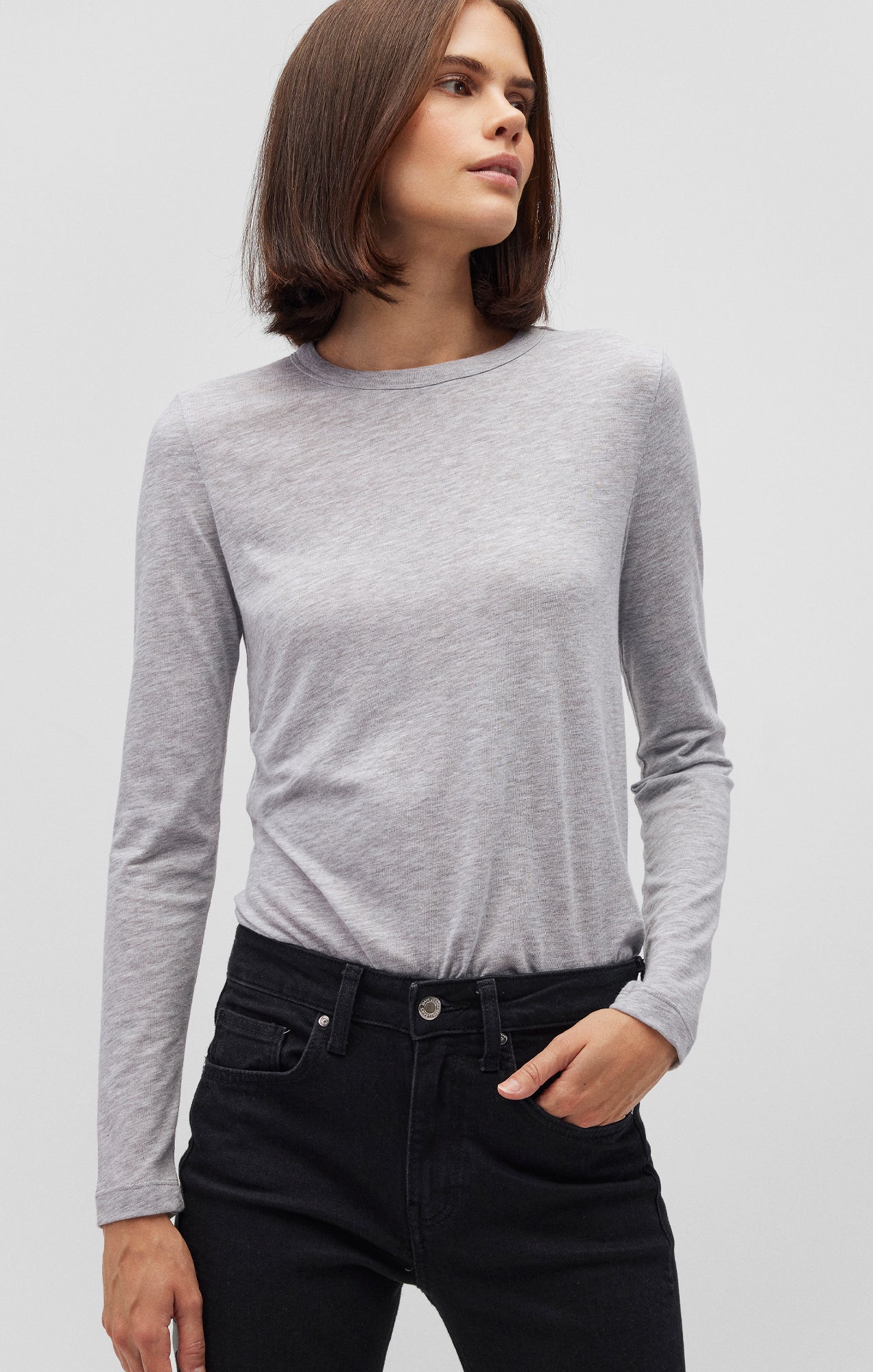 LONG SLEEVE CREW NECK T-SHIRT IN SNOW GREY MELANGE - Mavi Jeans