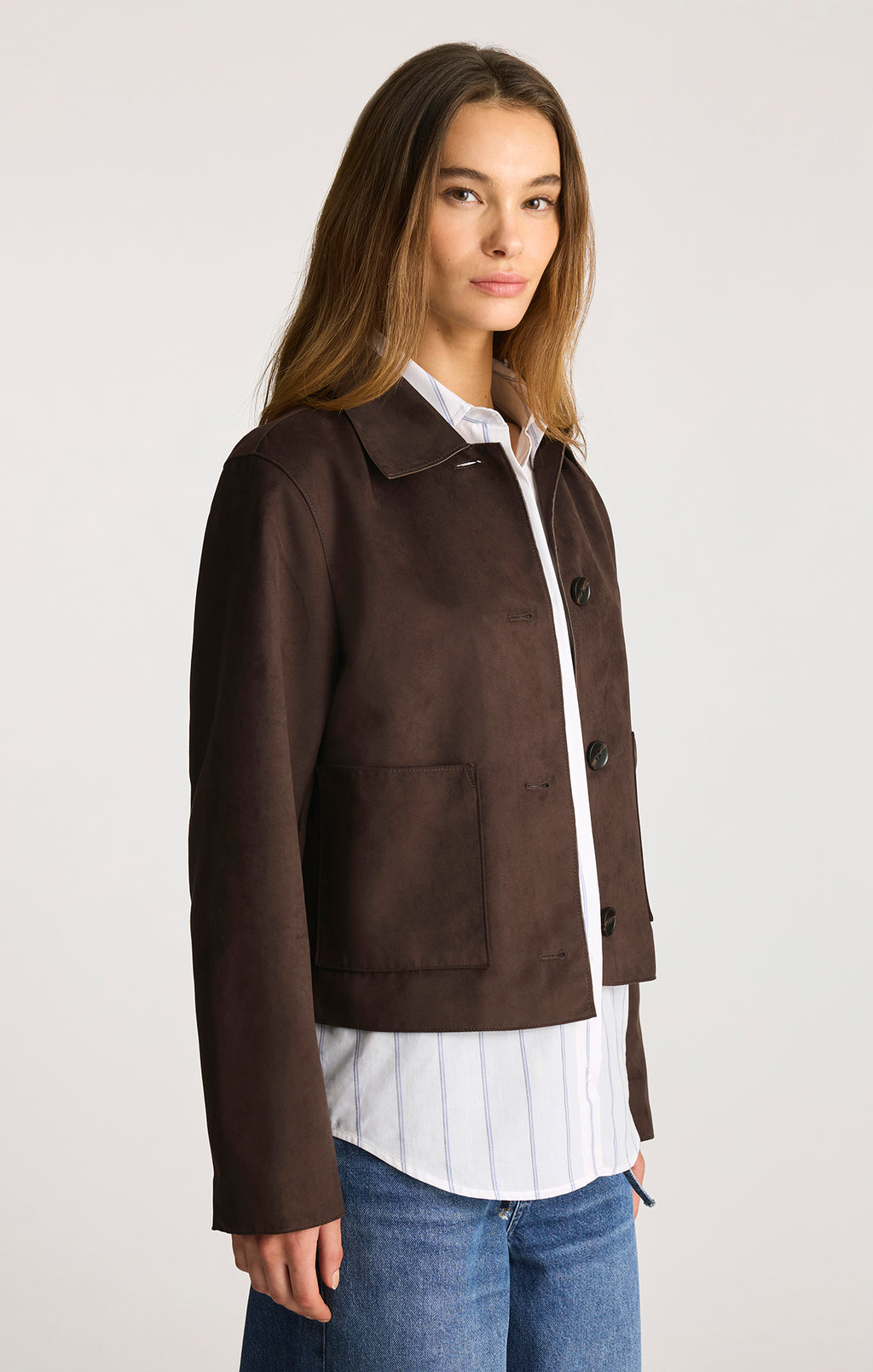 FAUX SUEDE CROPPED JACKET IN BLACK COFFEE - Mavi Jeans