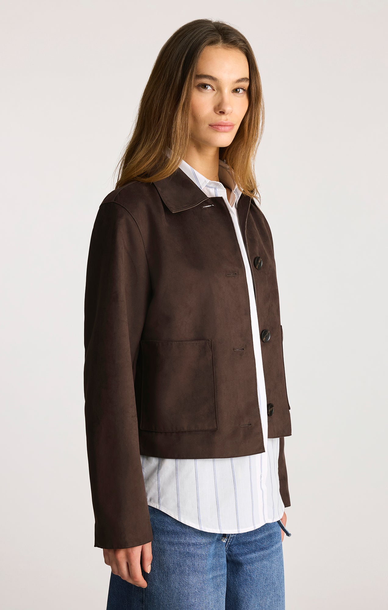 FAUX SUEDE CROPPED JACKET IN BLACK COFFEE - Mavi Jeans