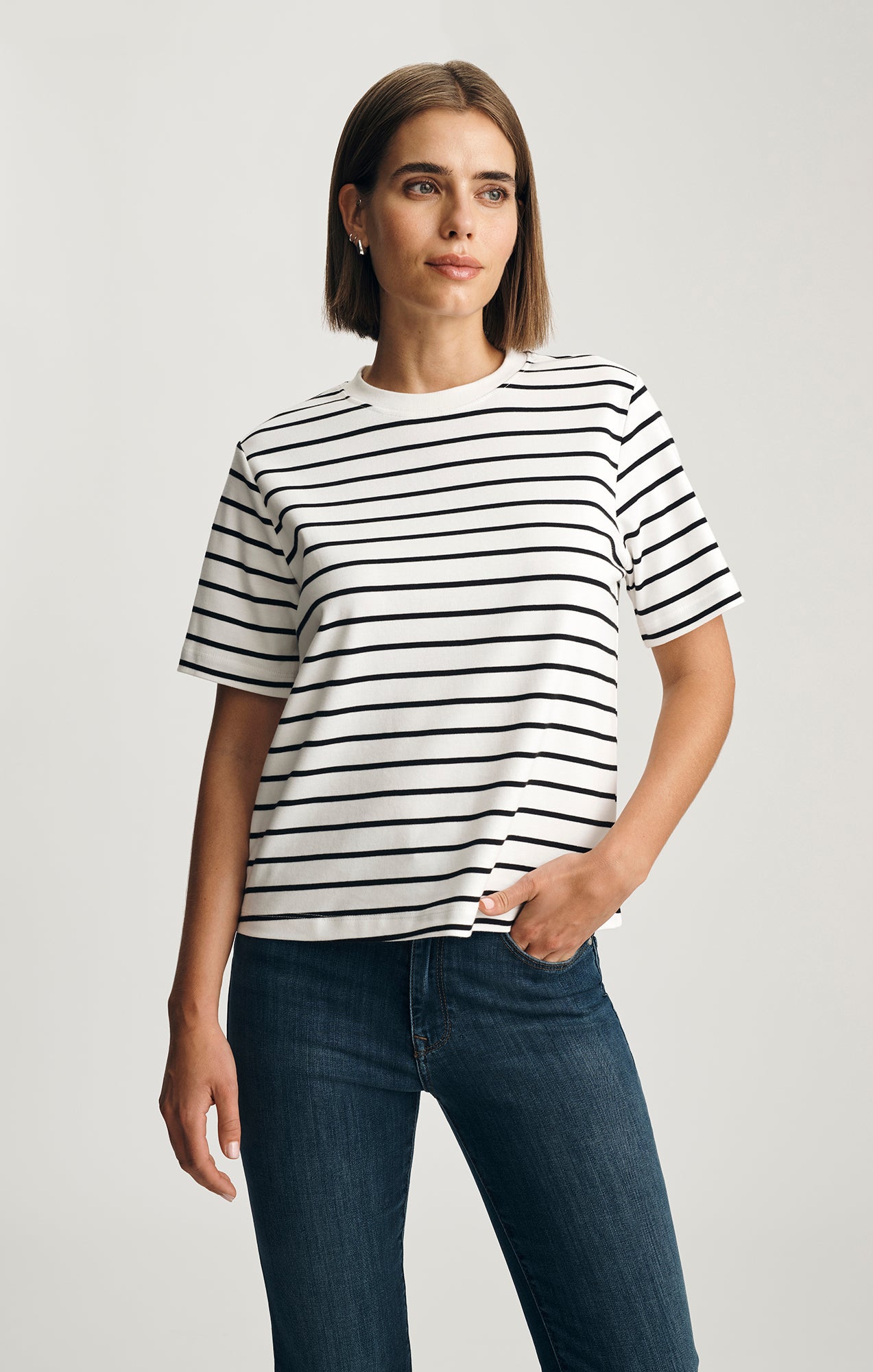 AUDREY INTERLOCK CREW NECK T-SHIRT IN BLACK WHITE STRIPE
