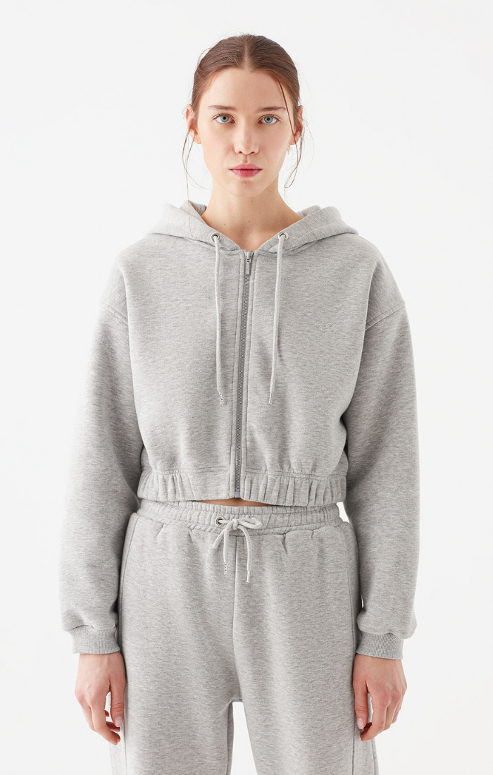 CROPPED ZIP-UP SWEATSHIRT IN GREY MELANGE - Mavi Jeans