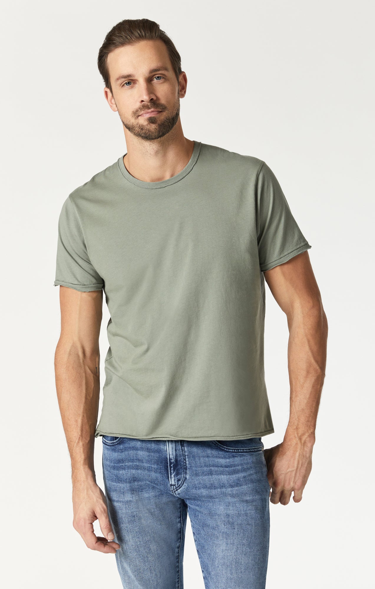 Mavi Men's Raw Edge Neck T-Shirt In Agave Green