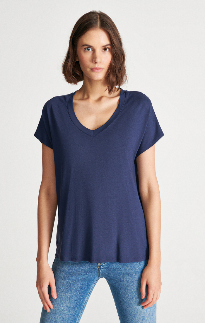 Mavi Women s Basic V Neck T Shirt In Mood Indigo
