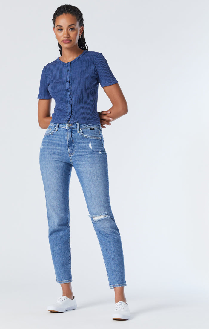 Mavi Women's Soho High-Rise, Girlfriend Jeans In Mid Disstressed Recycled  Blue